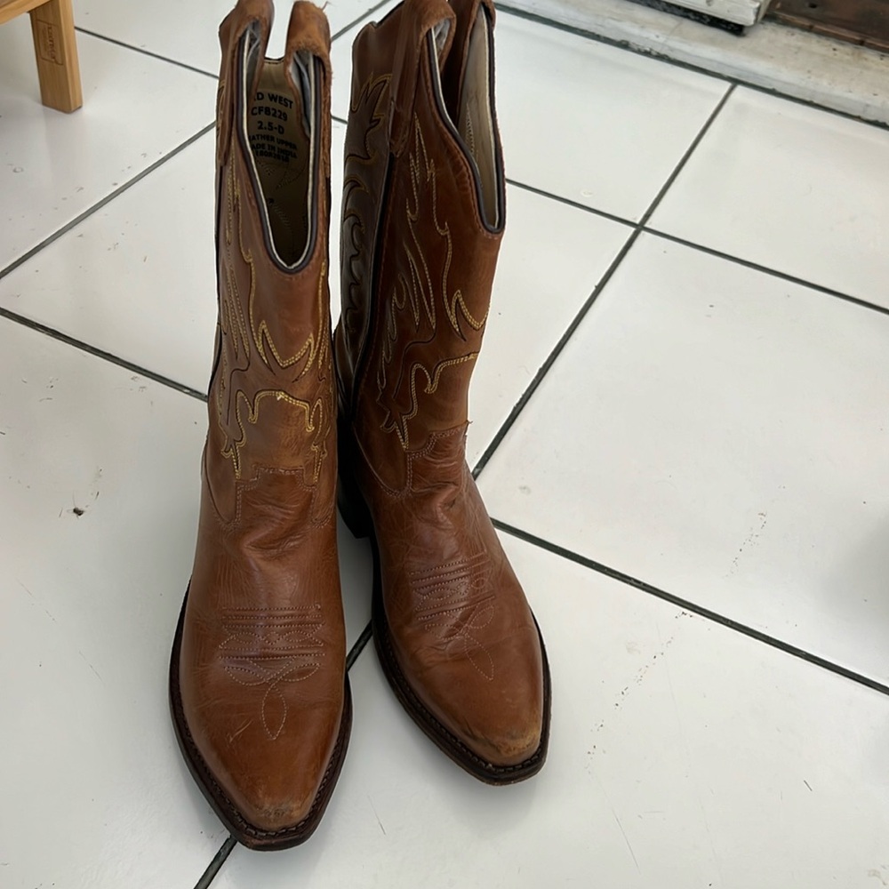 Girls real leather old west brown cowgirl boots